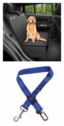 Large dog sitting on hammock car seat cover with mesh