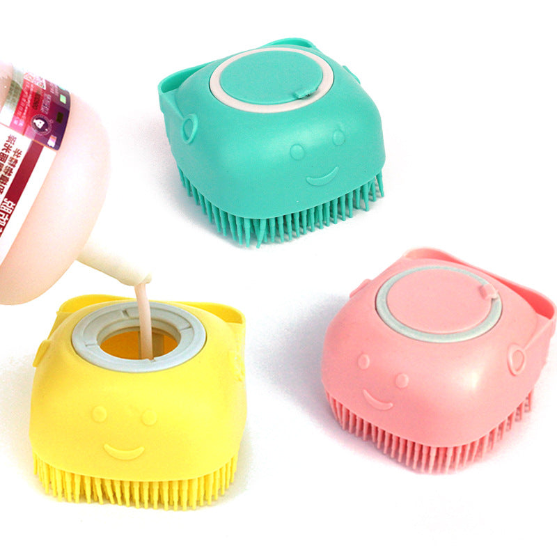 Pet shampoo being poured into silicone grooming brush