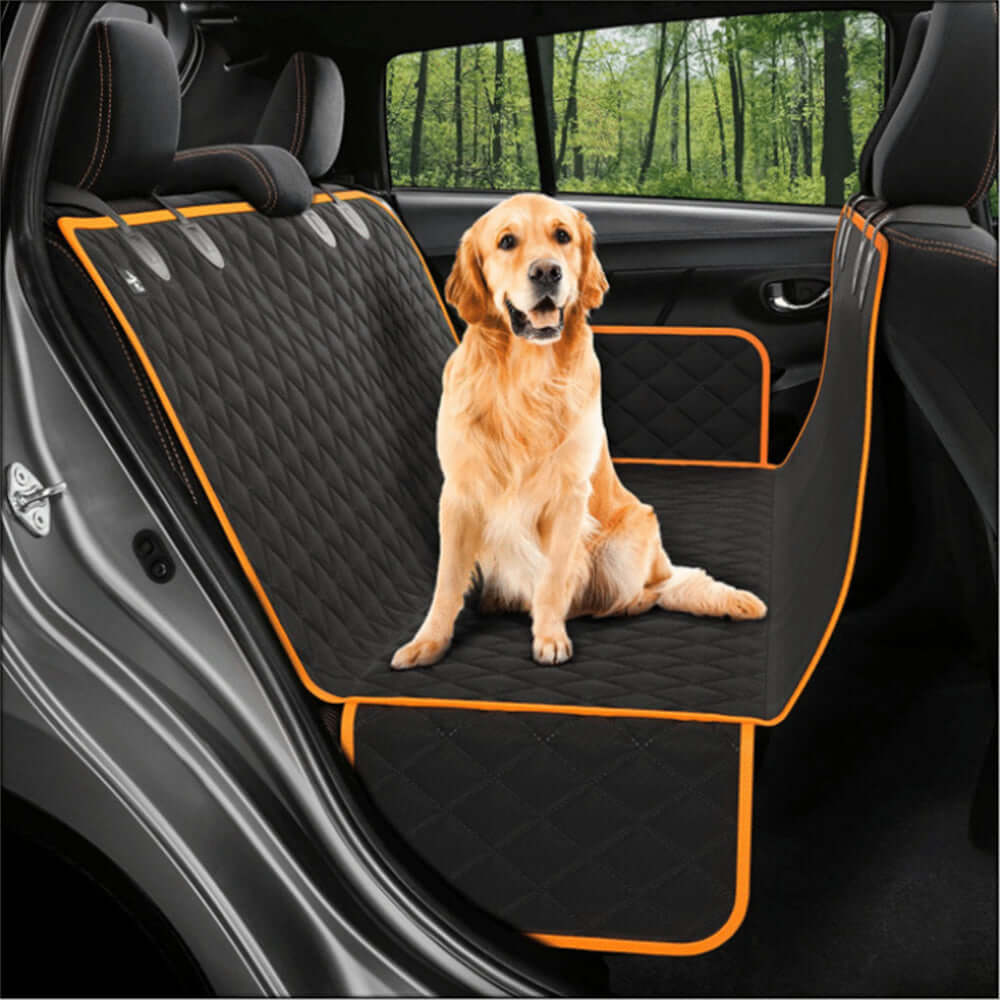 Happy dog relaxing on Bark Bliss car seat cover with mesh window, enjoying a safe and clean ride in the back seat.