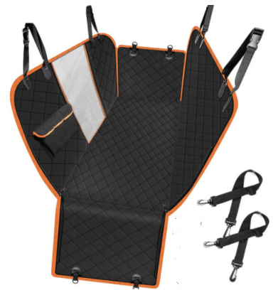 Dimensions chart for Bark Bliss hammock-style seat cover, showing compatibility with most standard vehicles and SUVs.