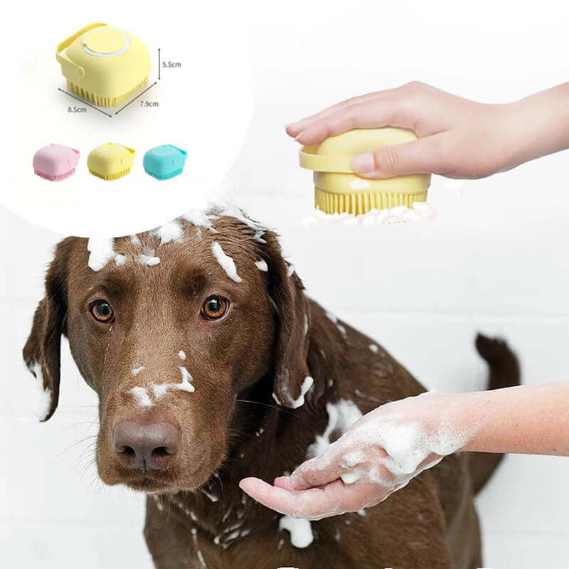 Pet owner bathing a happy dog using the Bark Bliss Silicone Massage Brush to gently clean and remove loose fur.