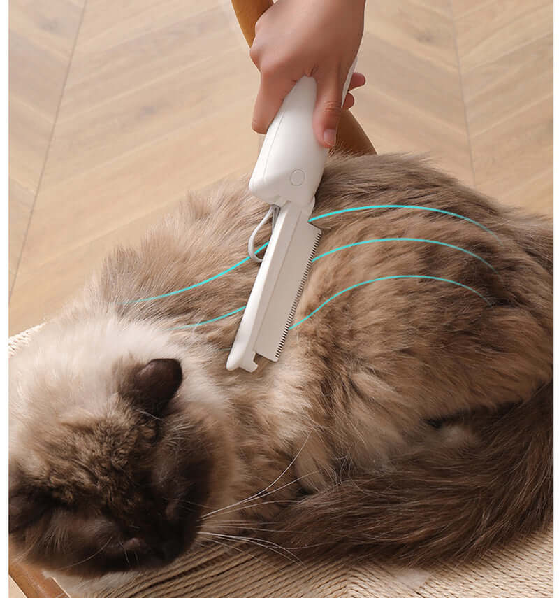 Owner gently brushing a fluffy cat with Bark Bliss hair removal brush to remove floating fur and provide a soothing massage.