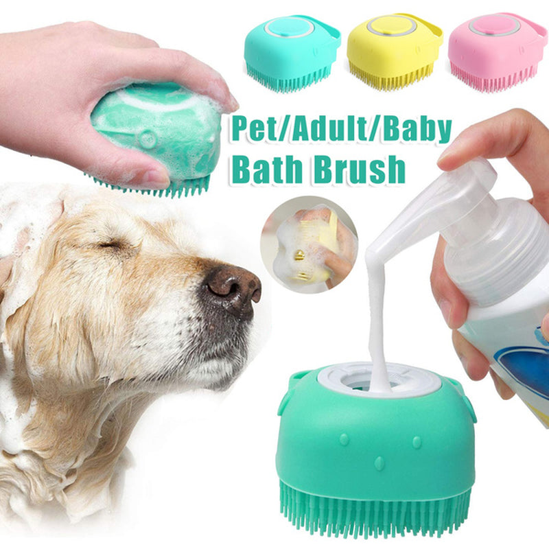 Pet shampoo being poured into silicone grooming brush &amp; Dog being bathed with silicone massage brush