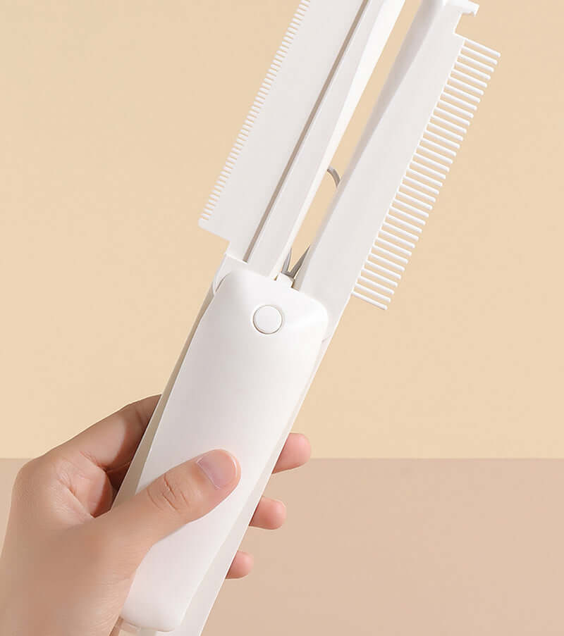 Ergonomic design of the Bark Bliss pet grooming brush shown in hand, highlighting easy grip and compact shape.