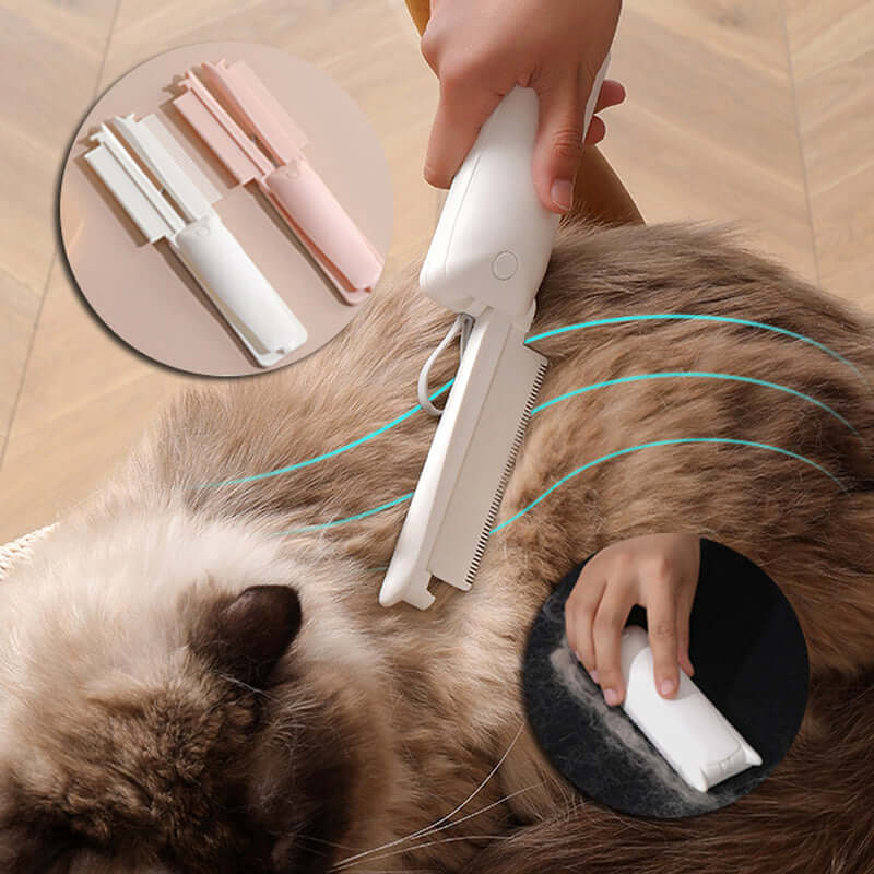 Owner gently brushing a fluffy cat with Bark Bliss hair removal brush to remove floating fur and provide a soothing massage.